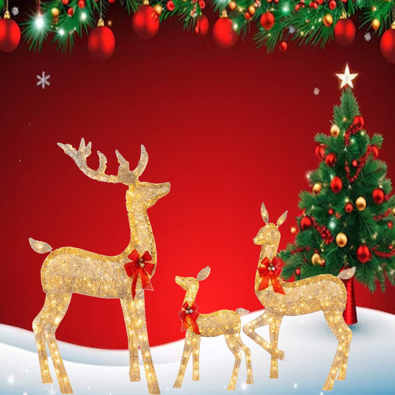 Twisted Champagne Rattan Reindeer Family for Indoor and Outdoor Holiday Use 63" + 52" + 37"
